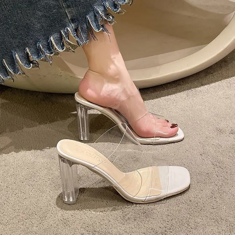 2024 Summer Transparent SandalsWomens Medium Heel Thick with Water3.5cm~9cm High Heels A Line with Slippers Womens Shoes 250107