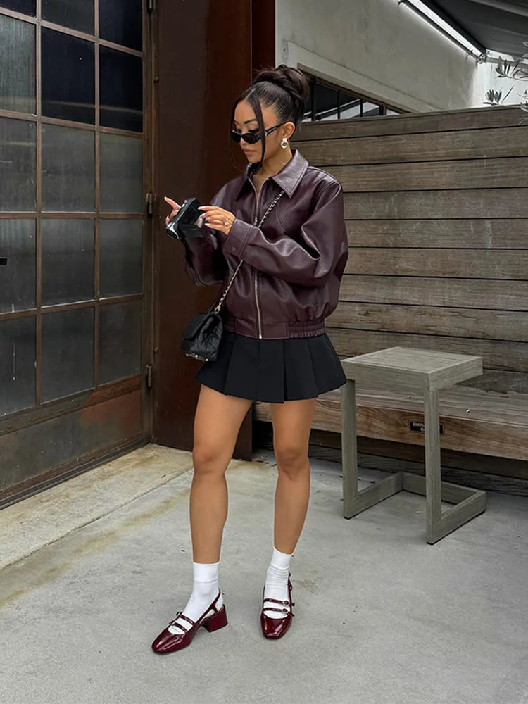 Fashion Burgundy Red Pu Leather Jacket Women Lapel Zipper Long Sleeve Short Coats Lady Winter Autumen Moto Biker Outerwear 250102