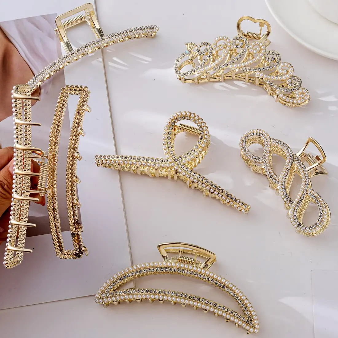 6 Pcs Large Metal Hair Claw ClipsClaw Clips with Pearl and rhinestone4.3 Hair Clips for Women Girls6 Styles Strong Hold Me 250103