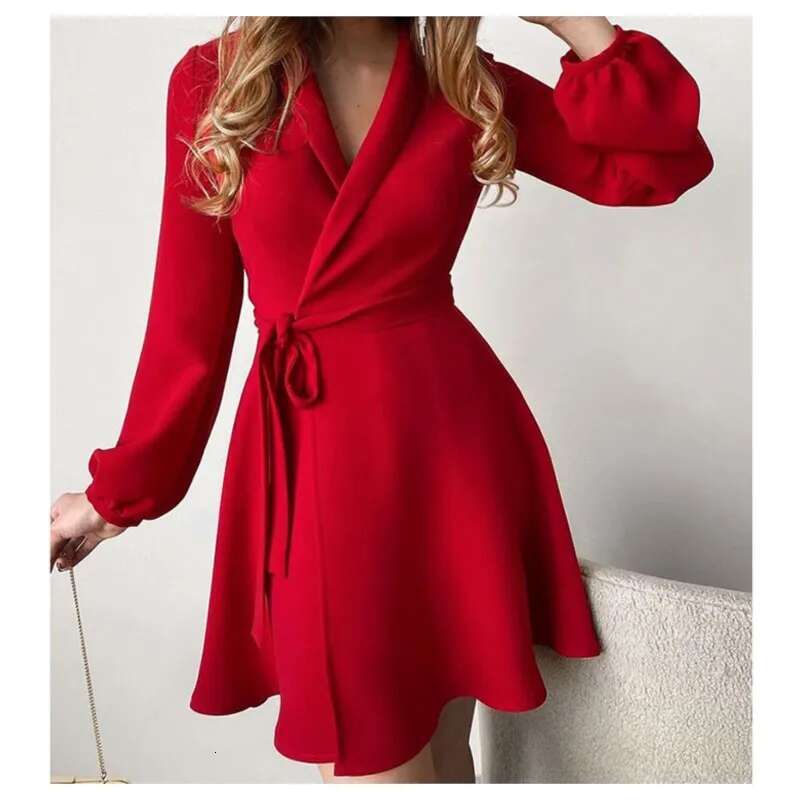 Women Summer Style One-Piece Color Blocked Dress With V-Neck Long Sleeved High Waisted Lace Up Retro Ral Short Skirt