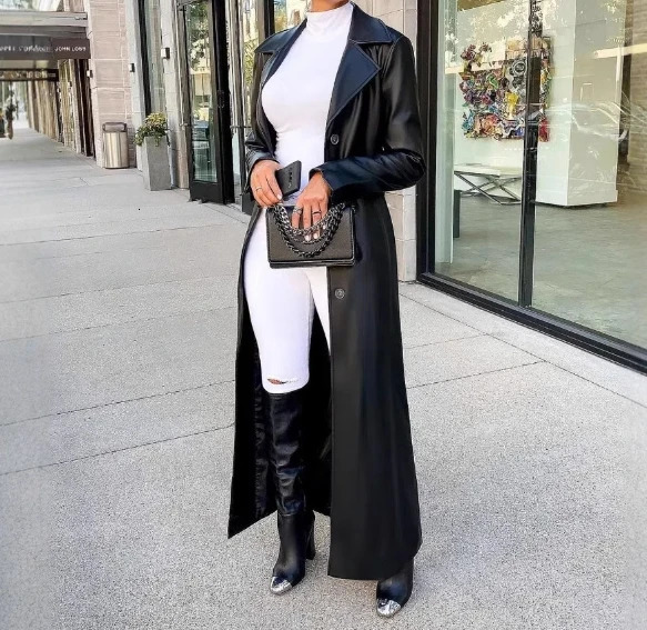 Cardigan lapel button up versatile warm trendy long leather jacket 250103