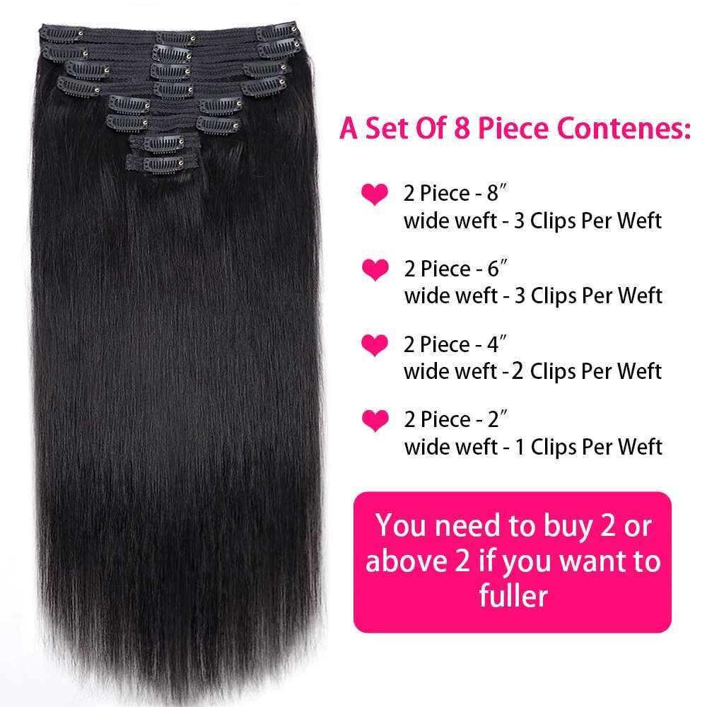 Straight Brazilian Human Hair Clip In Full Head Seamless Natural Black 1B For Women