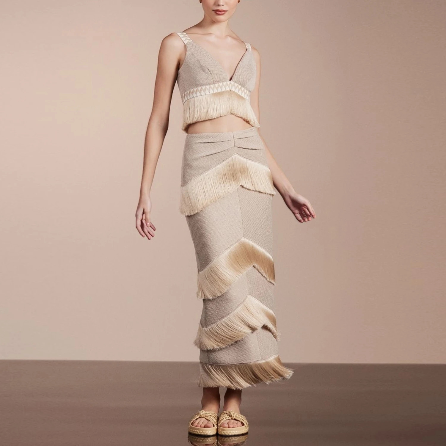 2025 V Neck Fringe Trim Bikini Swimsuit High Waist Swimwear with Skirt for Women Halter Bathing Suits Print Summer Female 250108