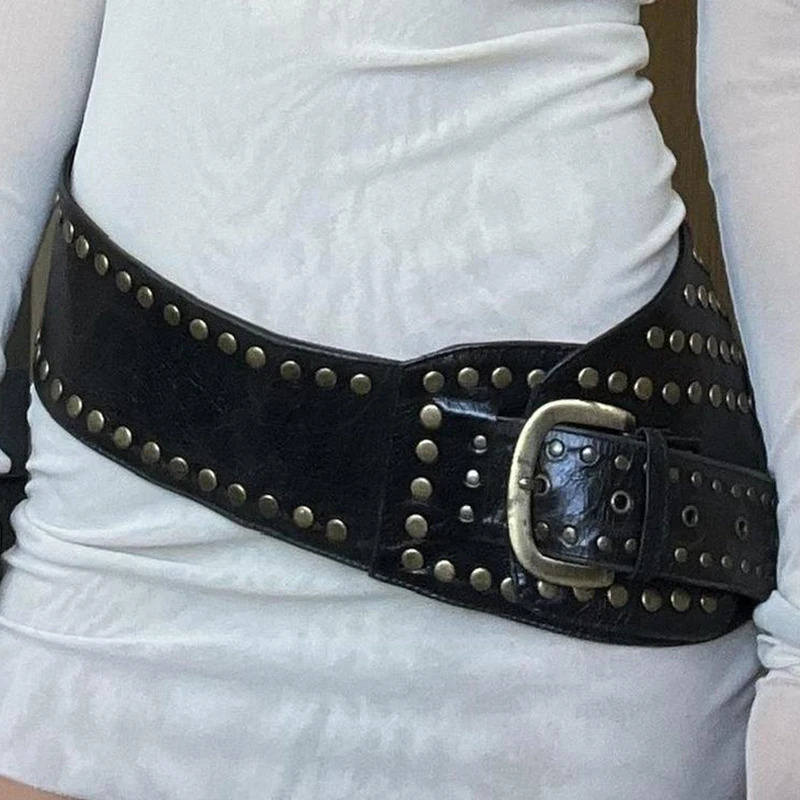Rockmore PU Wide Belts Vintage Rivet Pin Buckle Leather Belt for Women Jeans Waistband y2k Punk Rock Hip Hop Accessories 250107