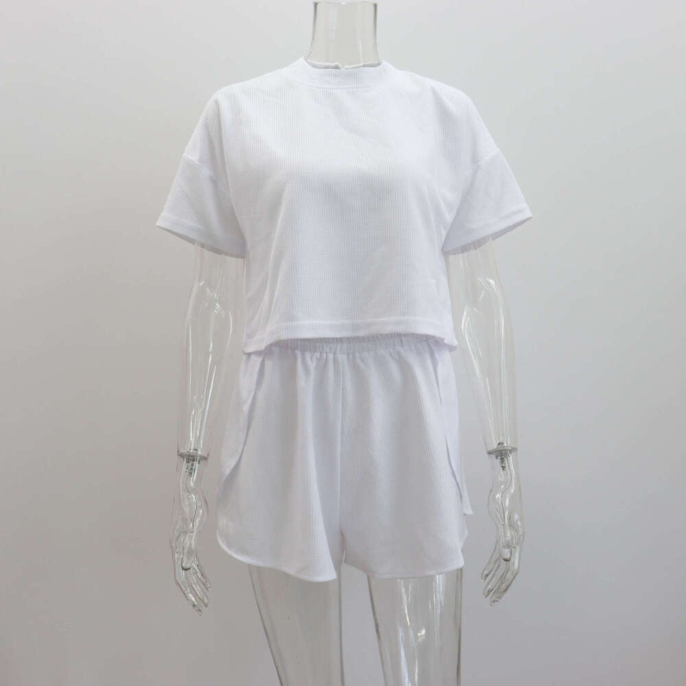 Summer Waffle Casual Suit Women's T-Shirt Round Neck Short Sleeved Top Shorts Sexy Two-Piece Set For Women
