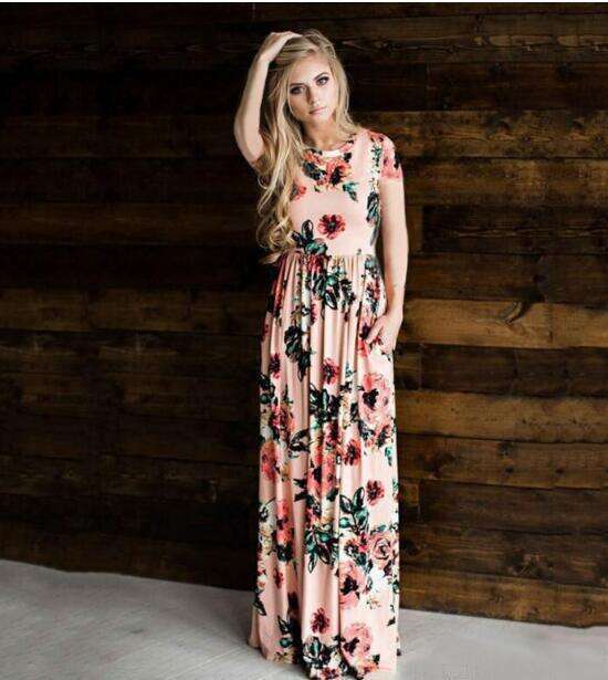 European And American Summer Round Neck Ral Pattern Dress With Long Sleeves