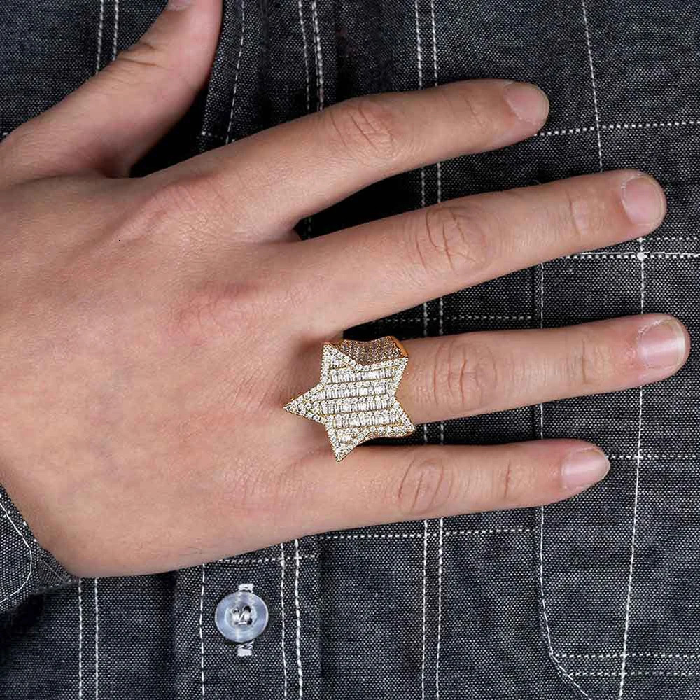 Full Zircon Pentagram Ring Iced Out Cubic Zirconia Gold Color hip-hop mens Trendy Bling Rings Rap Jewelry Gifts 250107
