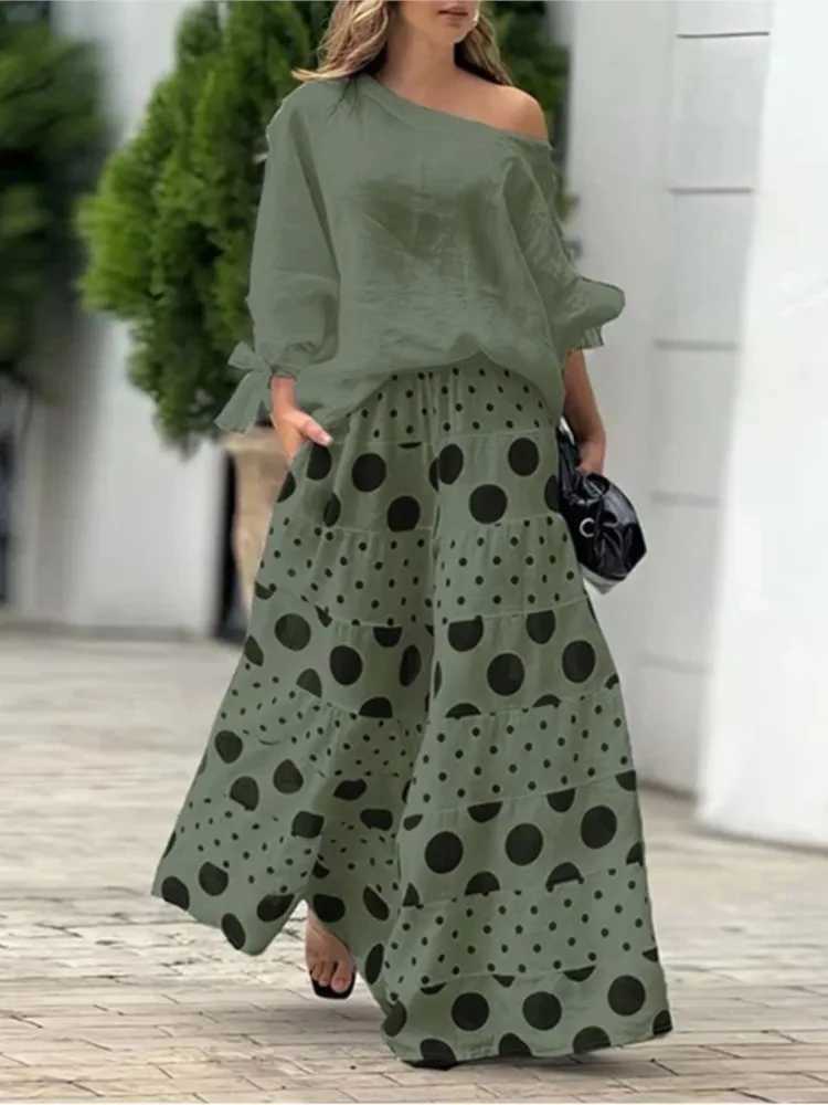 2-piece womens shoulder top with polka dot printed wide leg pants matching set fashionable womens 2024 set W250108