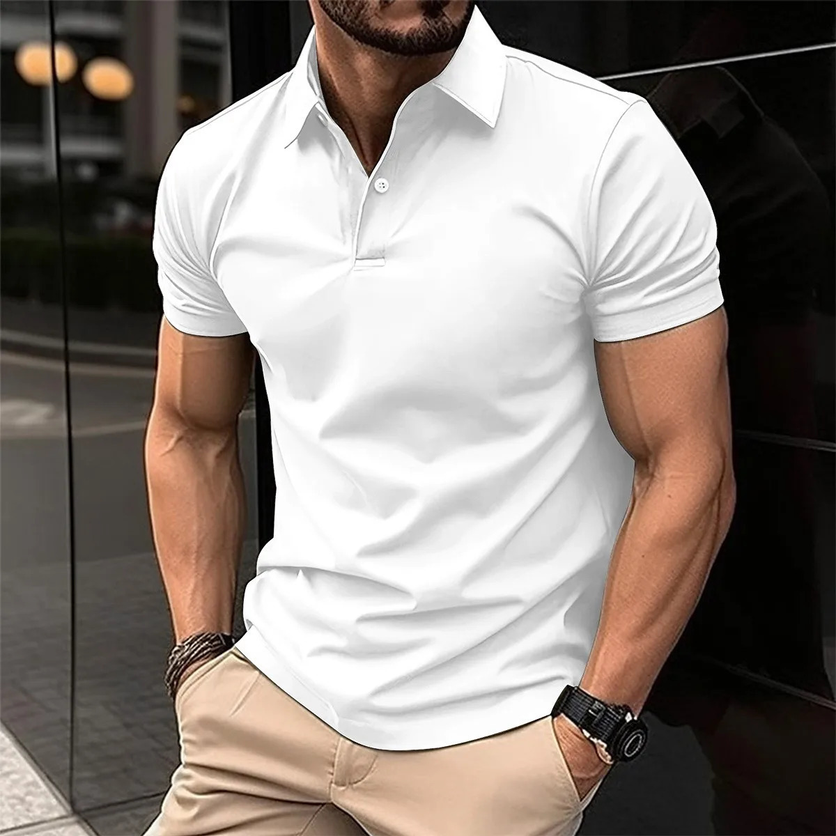 Mens Sports Korean casual trend slim fit short sleeved silk cotton collar solid color t-shirt POLO shirt polo 250107
