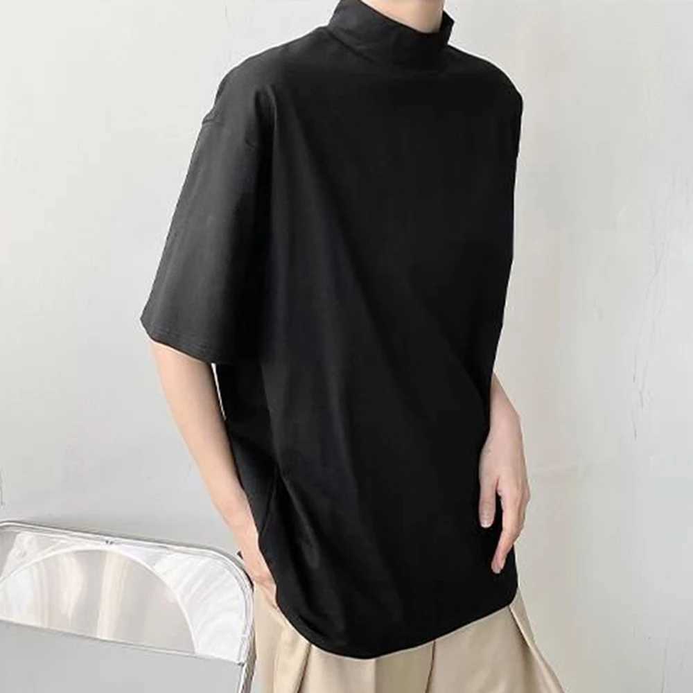 New semi high neck short sleeved T-shirt mens fashion brand loose fit fully matched half sleeved casual top solid color unisex clothing M250108