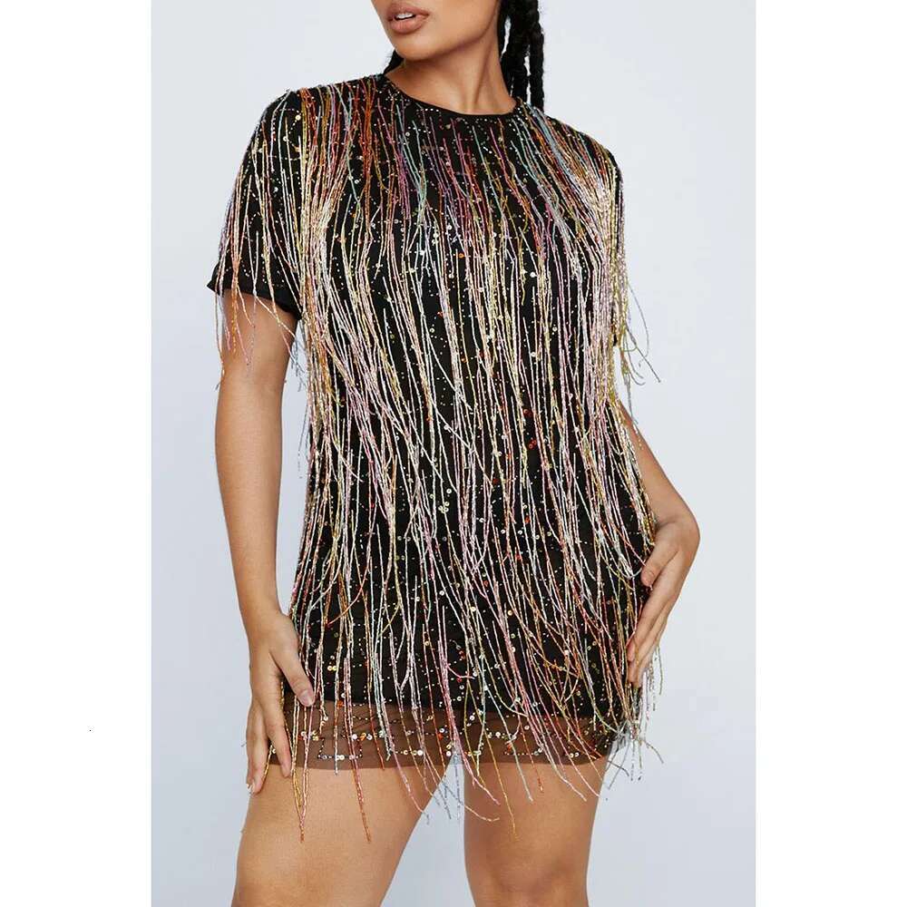 Plus Size Multicolor Party Fringe Mesh Short Sleeves Mini Dresses