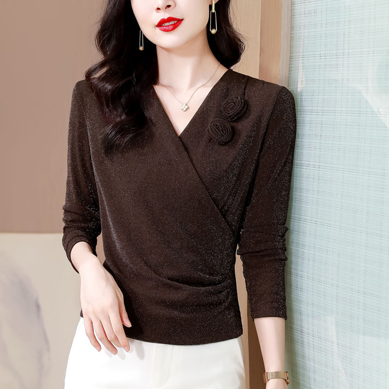 H333 mesh V-neck bottoming shirt for women, high-end fashion, stylish ladies' mom's small shirt, spring and autumn new large size tops