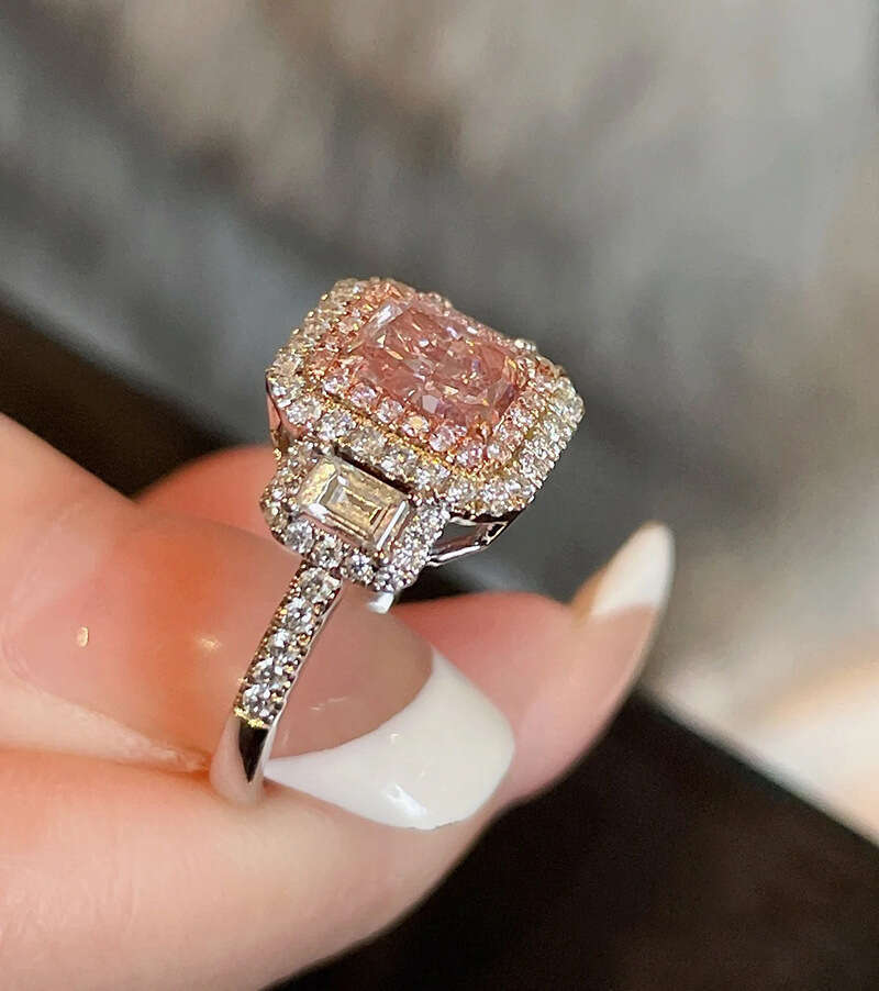 princess luxury ring womens super sparkling micro inlaid square pink diamond premium sense index finger temperament jewelry
