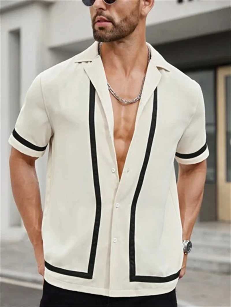 Summer Mens Shirt Retro Simple Striped Beach Short Sleeve Casual Lapel Shirt HawaiiXJ250108