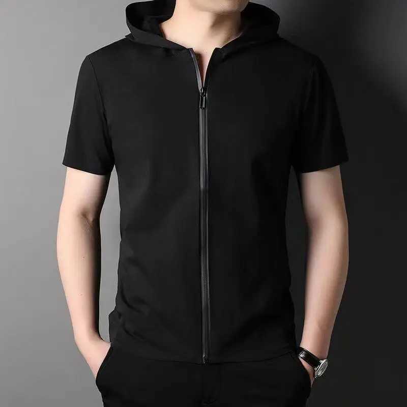 2024 summer new simple casual loose breathable fashionable solid color zipper short sleeved hooded cardigan mens jacket W250108