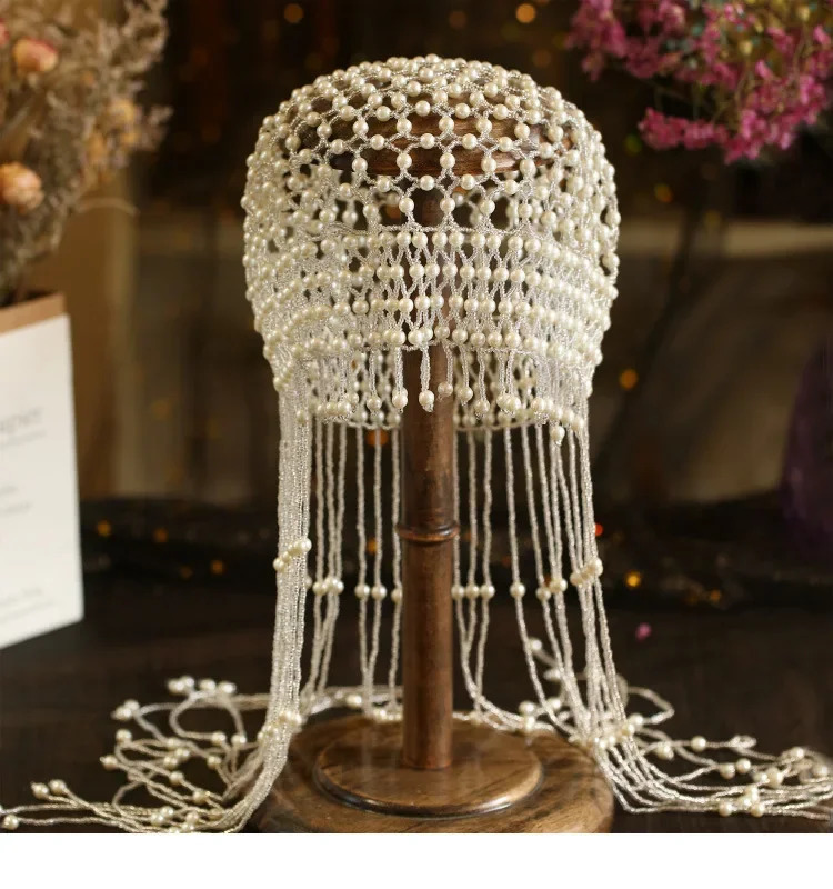Vintage Aesthetic Women Exotic Pearl Tassel Belly Dance Head Cap Hat HeadwrapHair AccessoryHeadpiece for Party Wedding Showing 250107