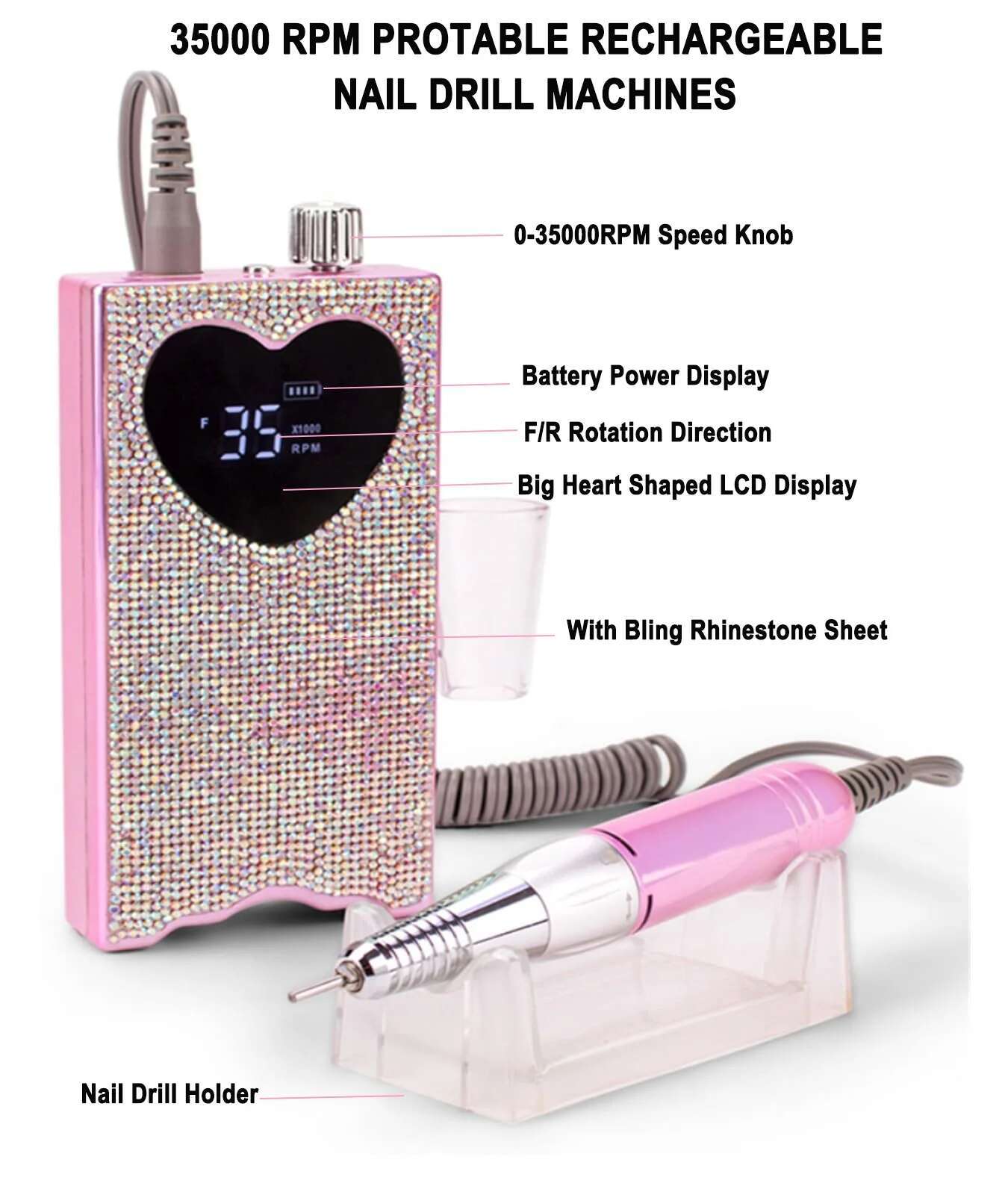 Torno Electrico para Unas Electric Nail Drill with Rhie unas recargable de 35000 RPM Heart Shape Wireless Pedicure Grinder