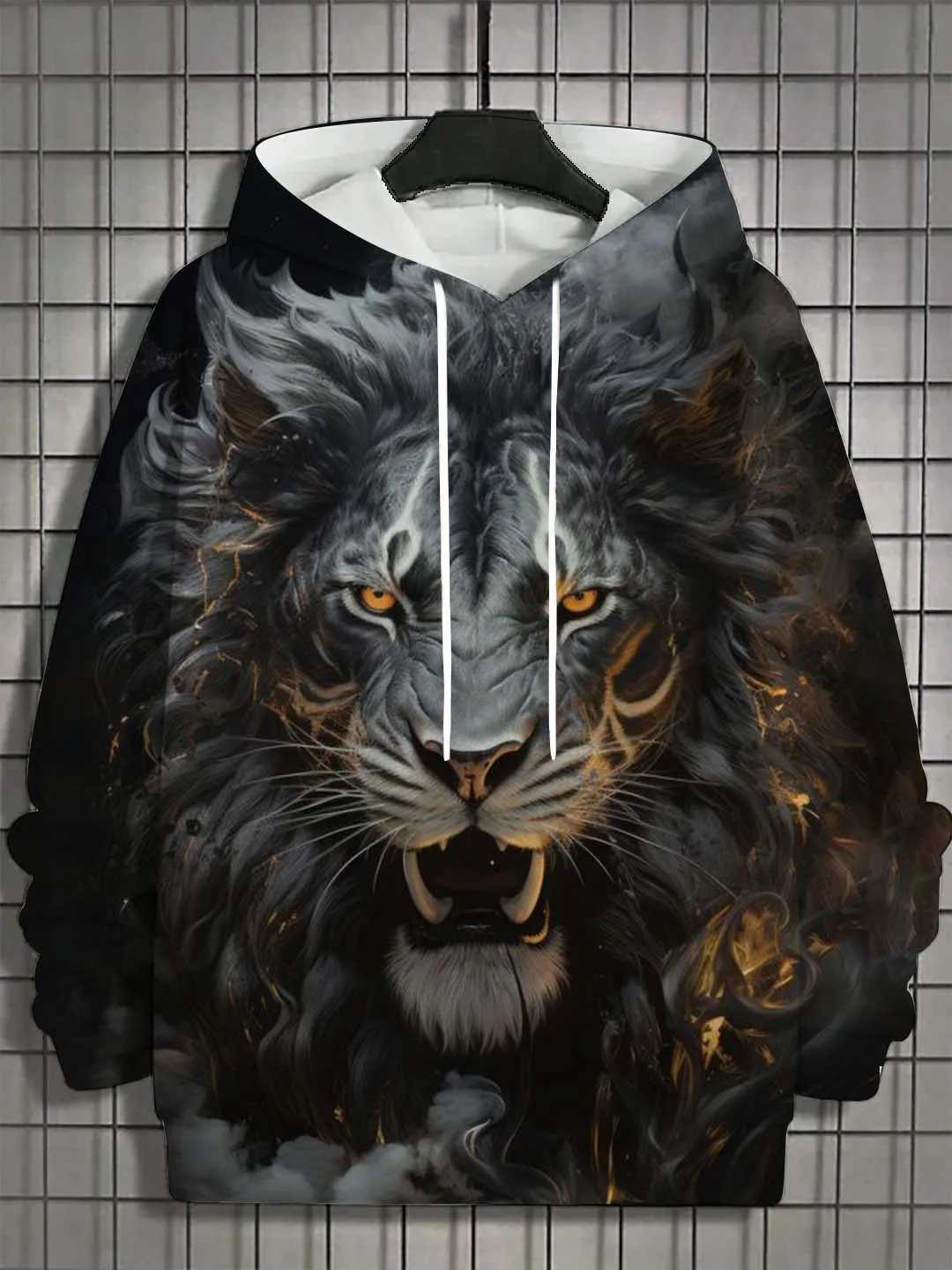 Mens 3D printed animal lion graphic long sleeved hooded sweatshirt fashionable and casual autumn new unisex top super large hooded sweatshirt W250108
