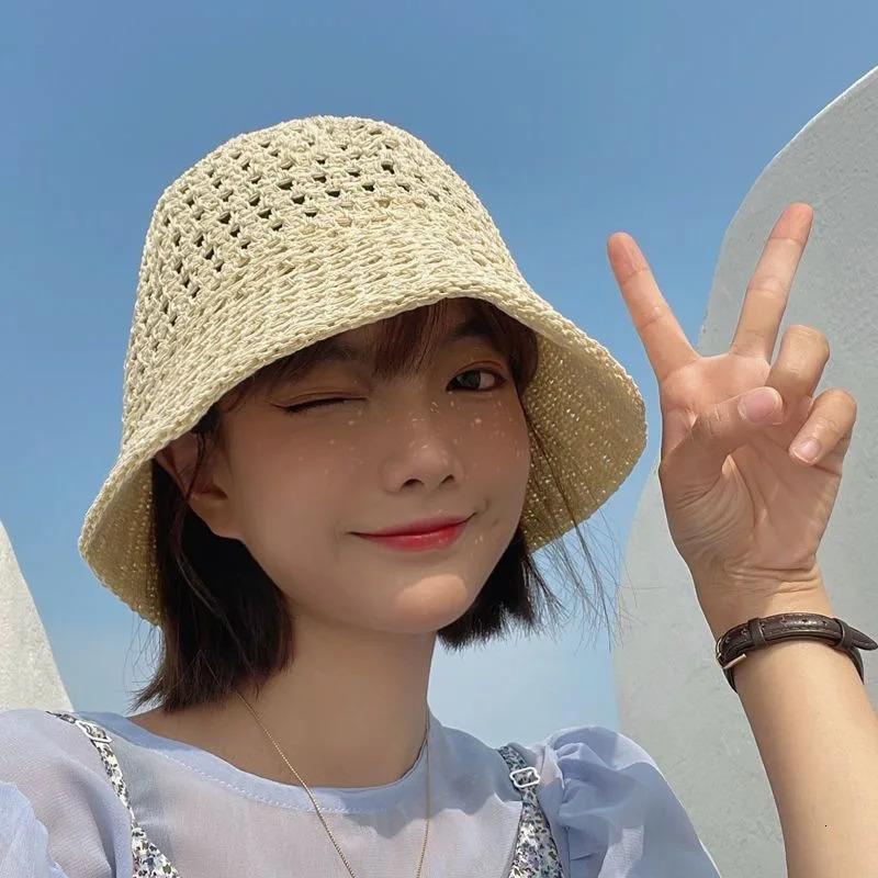 Summer Handmade Crochet Floppy Hats Collapsible Dome Bucket Hat Hollow Out Solid Color Beach Caps Simple Soft Women Hat 2024 250107
