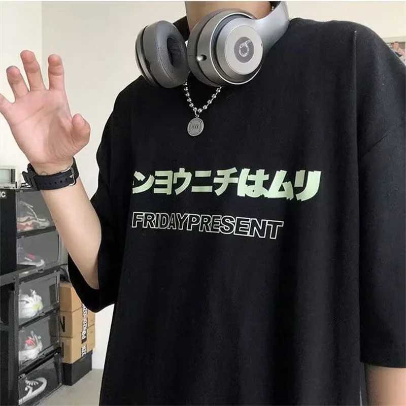 Summer Japanese letter printed T-shirt mens summer cotton casual street clothing hip-hop T-shirt Hombre breathable loose Y2K T-shirt M250108