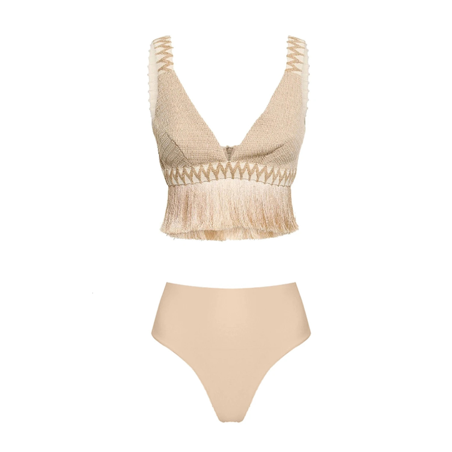 2025 V Neck Fringe Trim Bikini Swimsuit High Waist Swimwear with Skirt for Women Halter Bathing Suits Print Summer Female 250108