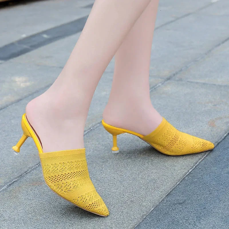 Knit Mesh Breathable Slippers High Heels Mules Women Summer Shoes Pointed Toe Party Ladies Shoes Pantuflas De Mujer Zapatos 250107