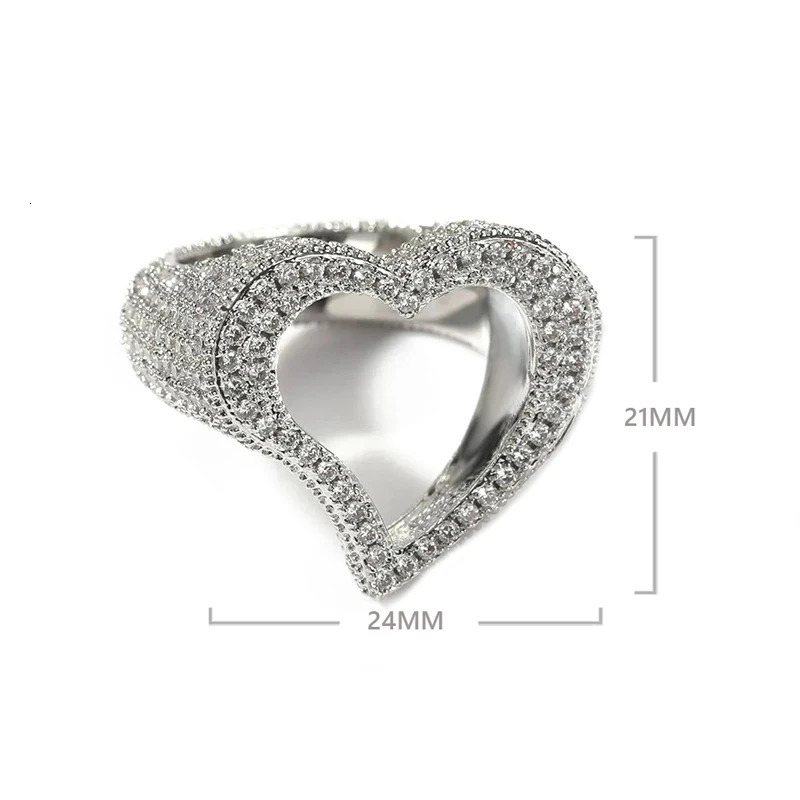 Full Iced Out Bling Hollow Heart Ring Gold Silver Color 5A CZ Micro Pave Cubic Zircon Rings Hip Hop Punk Men Women Jewelry 250107