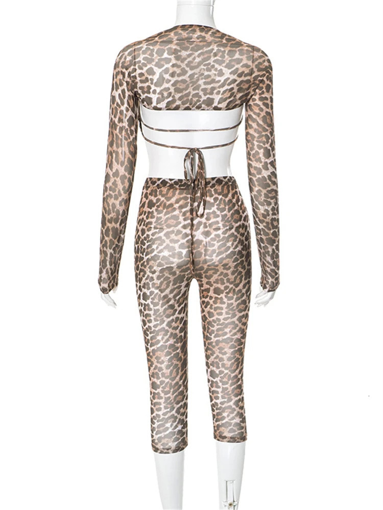 WLWXR Spring Womens Leopard Print Mesh 3 Piece Set Club Outfits 2025 Sheer Long Sleeve ShawlLace-up BraMatching Pants 250107