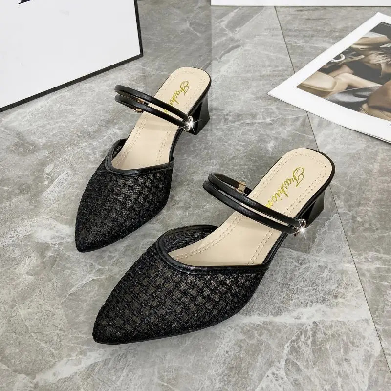 Summer Sexy Pointed Toe Sandals Thin Strap Mulles White Yellow Women Shoes Elegant Women Fashion Square Heels Slippers 250107
