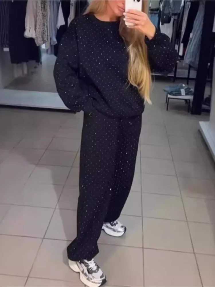 Fashion Rhine Shiny Sportswear O-neck Sweater Tie Trouser Tracksuit Trendy Sport 2 Peice Set Spring and Autumn W250108