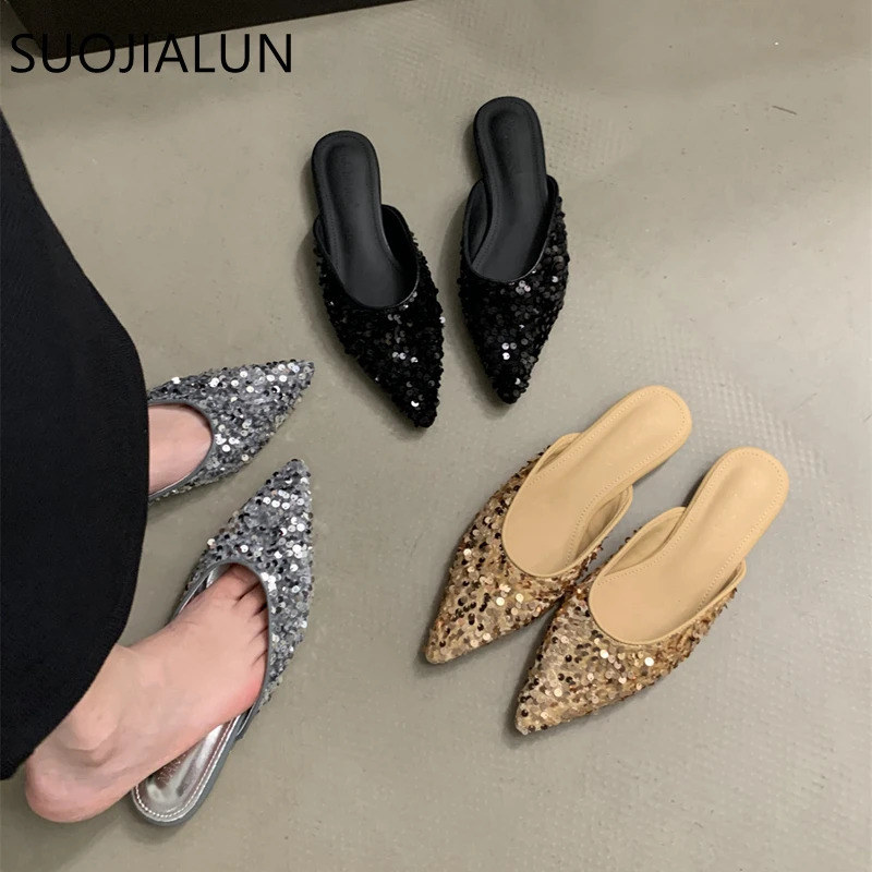 SUOJIALUN 2024 Spring Women Slipper Fashion Bling Shallow Slip On Mules Shoes Pointed Toe Flat Heel Outdoor Dress Sandal Sho 250107
