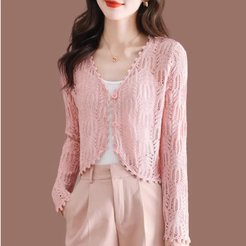 3515 Vintage Knitted Jacket Women Thin Summer Short Hollow Out Sunscreen Coat Sexy Slim Knit Outerwear Buttons Solid Color 250103