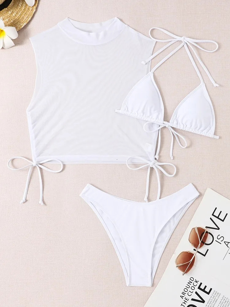 Sexy White Black Lace Mesh Bikini Set Three Pieces Women Swimwear High Neck Bandage Swimsuit Cover Up Bathing Suit High Cut 250106