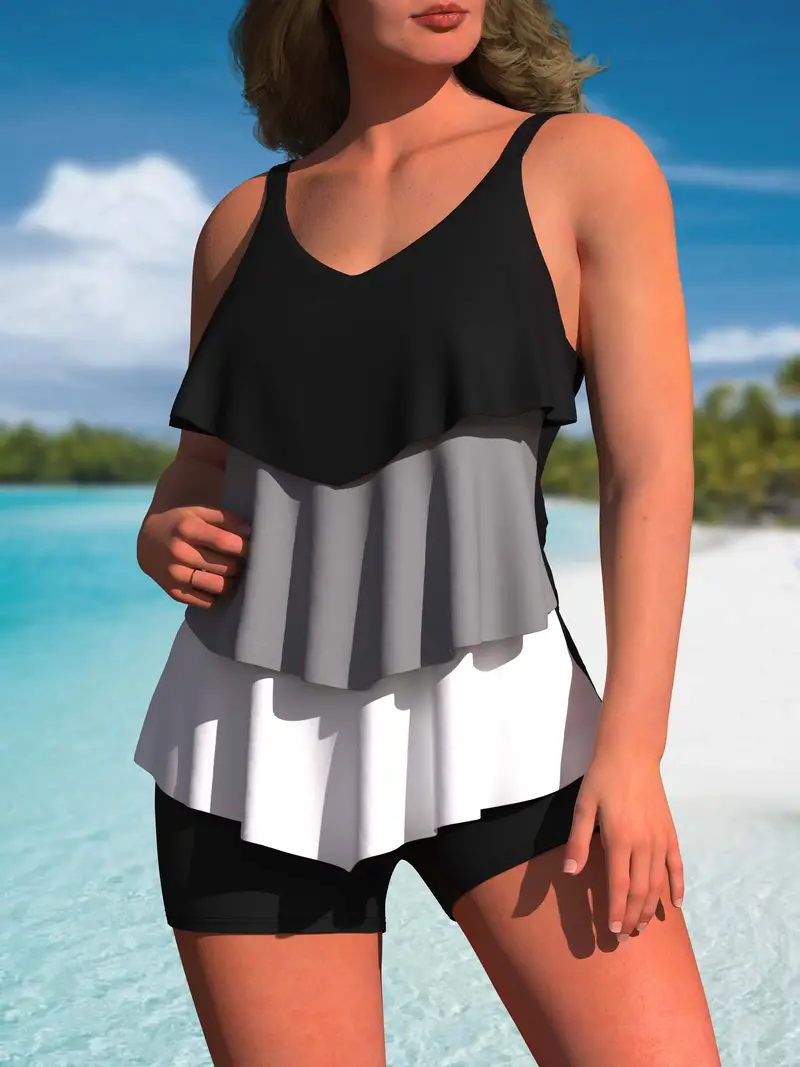 Big Women Tankinis Plus Size Ruffle Swimsuit Colorblock Cami Sleeveless Two Piece Swimwear Tiered Top with Boyshorts Bathing Suit Leisure Vacation Bea
