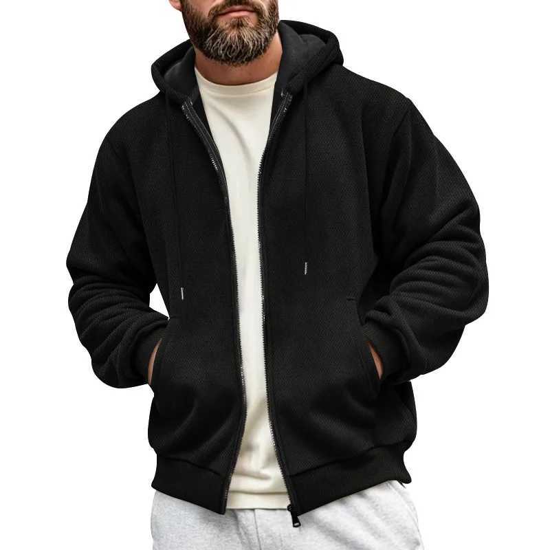 New mens sweater jacket for autumn and winter composite velvet zipper cardigan casual hooded sweater fashionable mens clothing W250108