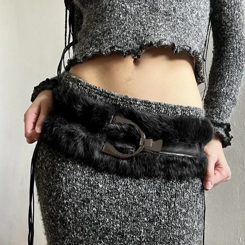 Vintage Brown PU Leather Fur Belt Y2K Hook Furry Fur Belt Cow Gothic Punk Sexy Belts HipHop Waistband Jeans Pants Decor 250107