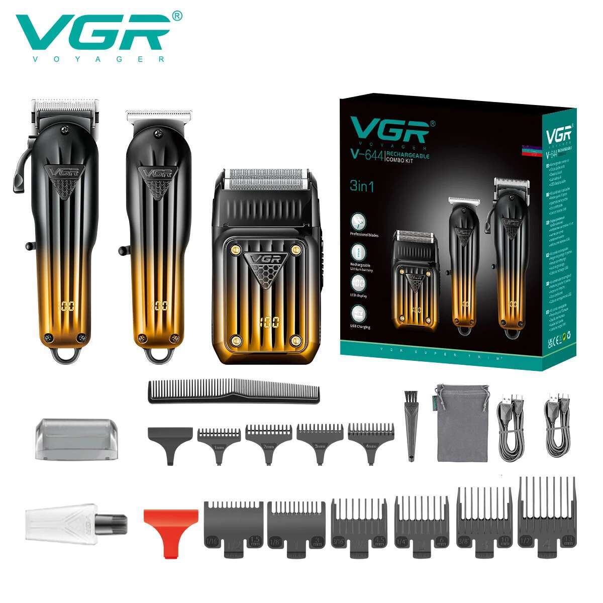 VGR Comno Kit Barber Clipper Professional Electric Shaver Rechargeable Beard And Hair Trimmer For Men Haircut hine V-644