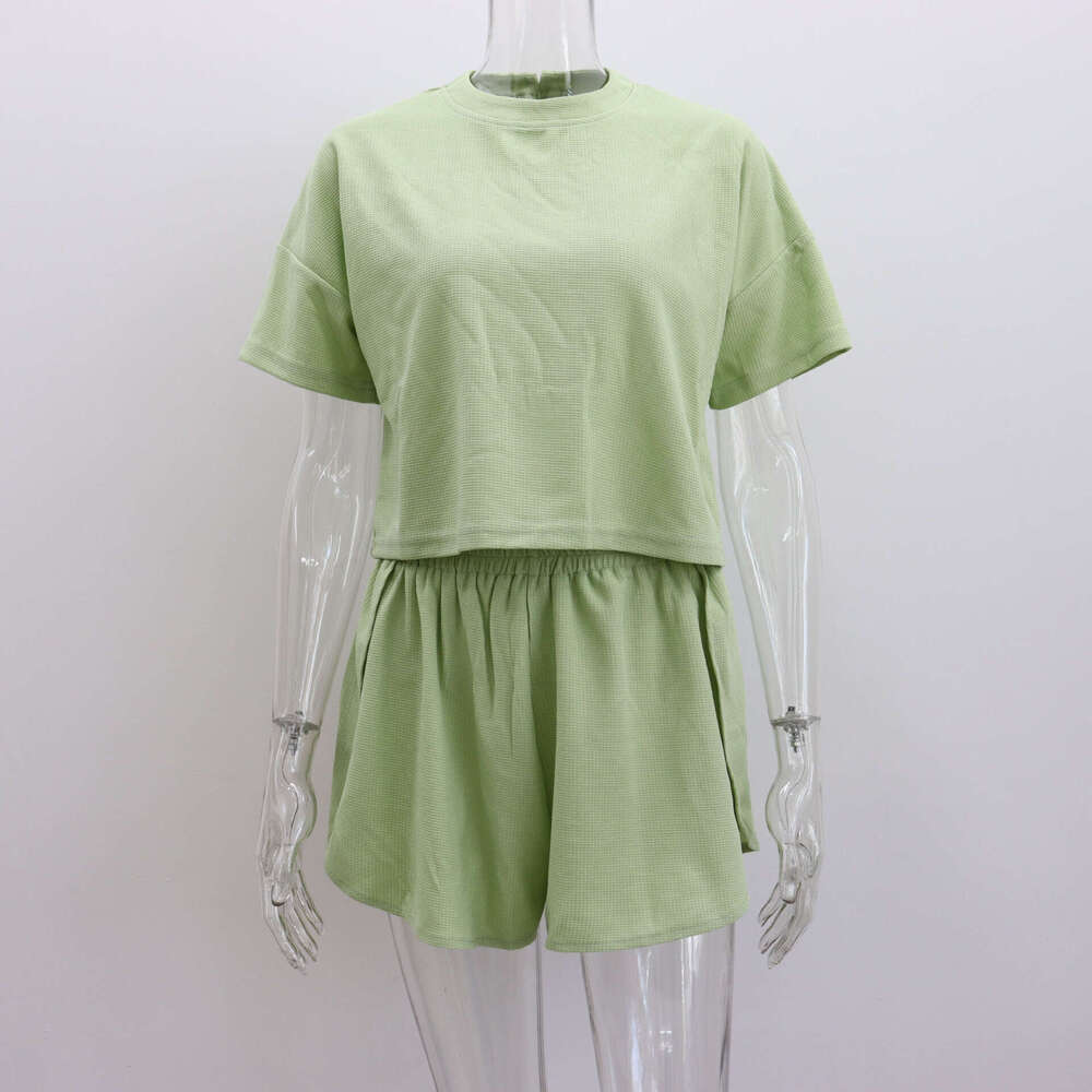 Summer Waffle Casual Suit Women's T-Shirt Round Neck Short Sleeved Top Shorts Sexy Two-Piece Set For Women