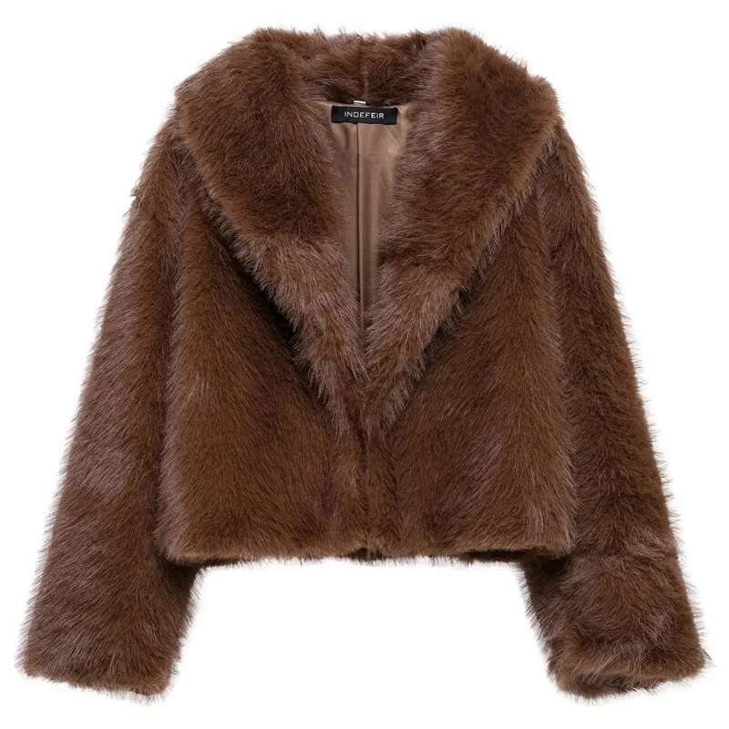 TRAF Women's Winter Fluffy Faux Fur Coat Women Crop Brown Bury Jacket Fashion Plush Long Sleeve Coats Hairy Outwears