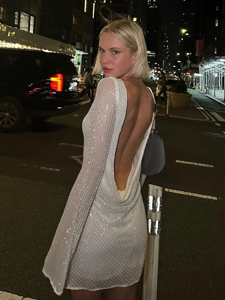 Elegant Backless Sequins Mini Dress For Women Sexy Long Flare Sleeve Sparkly Women Party Dresses Y2K Evening Party Chic Vestidos 250107