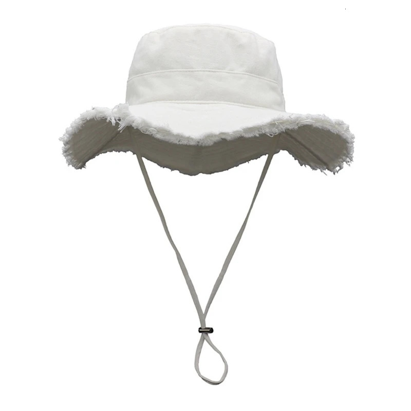 Frayed Fisherman Hat with Adjust Chin Rope Anti-Uv Fisherman Hat for Adult Wide Brim Bucket Hat 250107