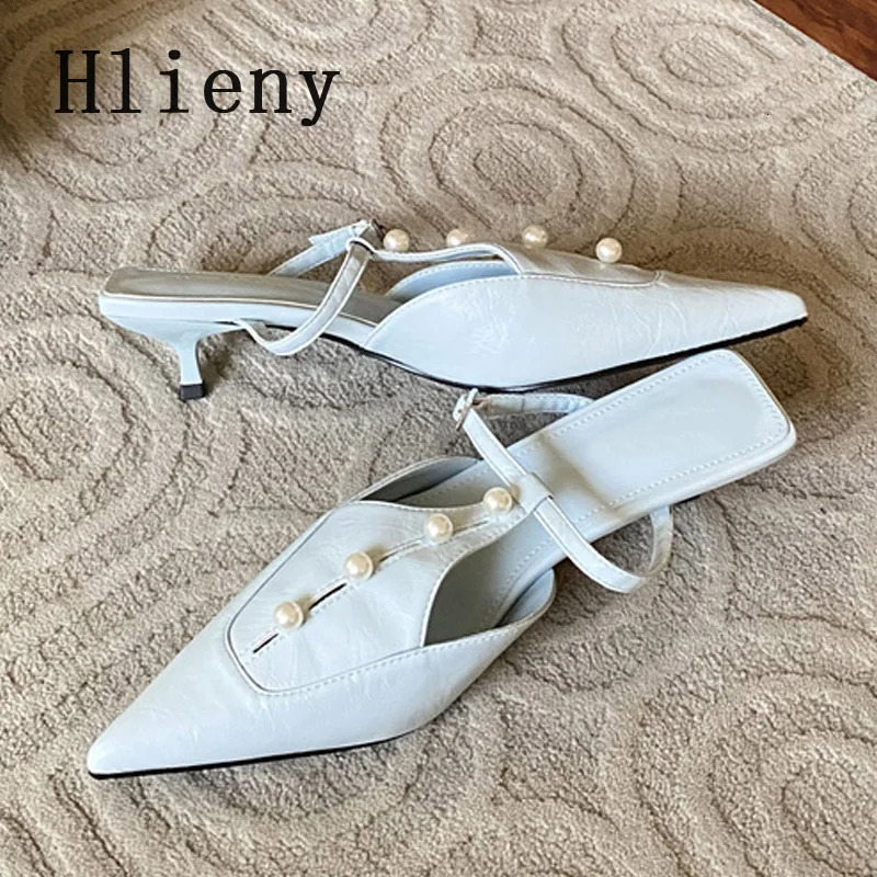 Hlieny Fashion Pearl Buckle Strap Pumps Women Mules Slipper Cozy Leather Pointed Toe Ladies Shoes er Low Thin Heels Slides 250107