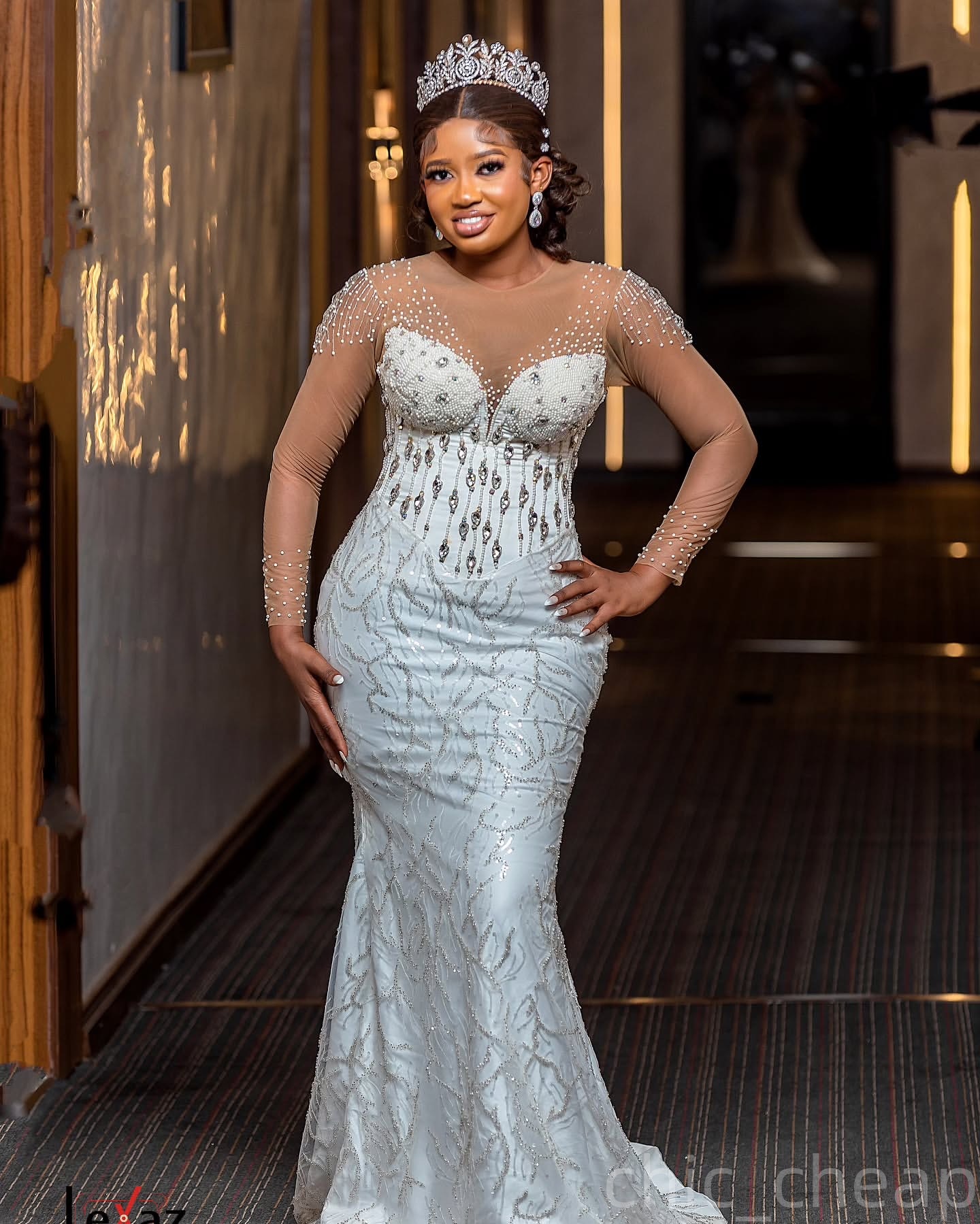 2025 Arabic Aso Ebi Plus Size Ivory Lace Wedding Dresses Beaded Crystals Detachable Train Full Sleeves Bridal Gowns Dress For Brides ZJ0346