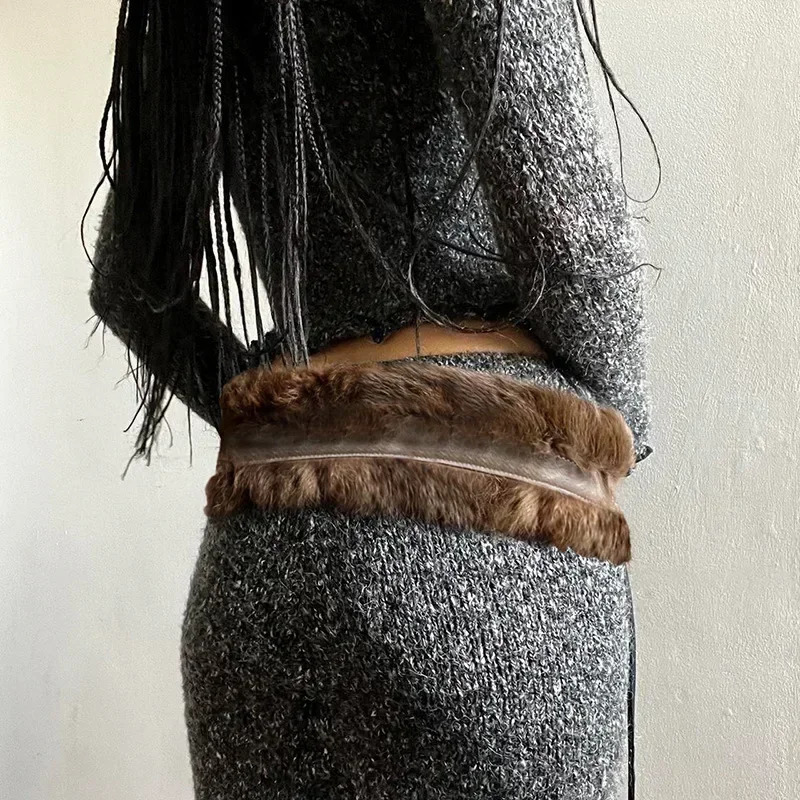 Vintage Brown PU Leather Fur Belt Y2K Hook Furry Fur Belt Cow Gothic Punk Sexy Belts HipHop Waistband Jeans Pants Decor 250107