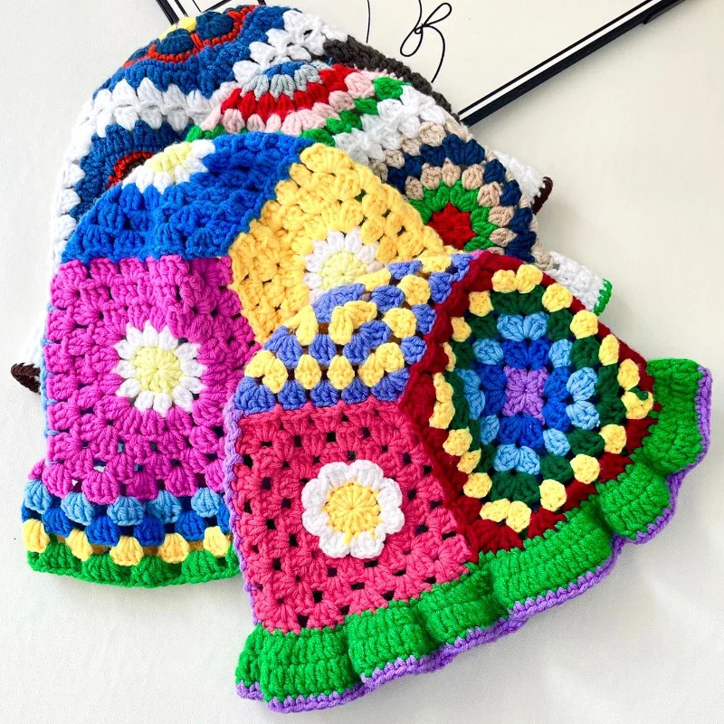 Women Muticolor Crochet Korean Handmade Bucket Hat Women Weaving Knitted Hat Y2k Fashion Flowers Autumn Winter Beanies Basin Cap 250107