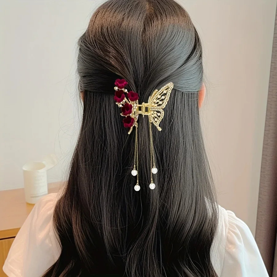 1pc Faux Pearl Tassel Hair Claw Clip Red Rose Jaw Clips Metal Shark Clips For Women Girls Hair Styling Accessories 250103