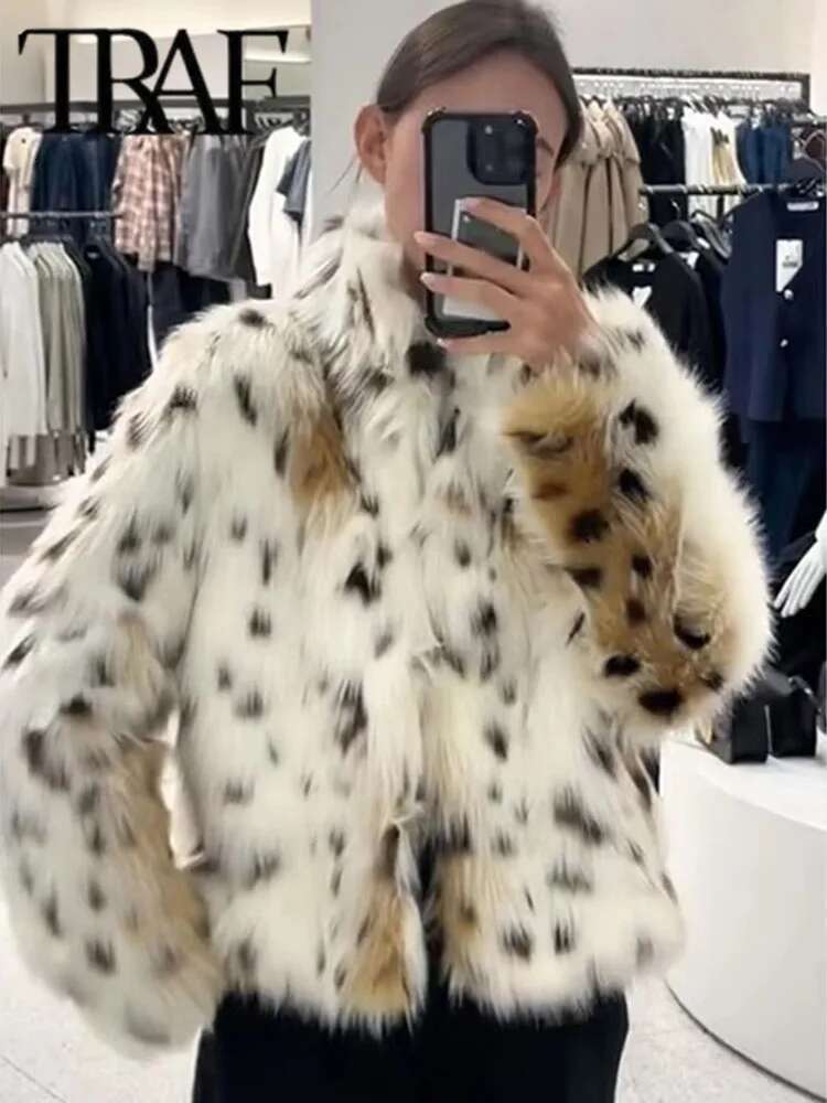 TRAF Elegant Print Women's Faux Fur Coat Chic Long Sleeve Warm Fluffy Plush Jacket New 2024 Autumn Winter Ladies Thick Outerwear