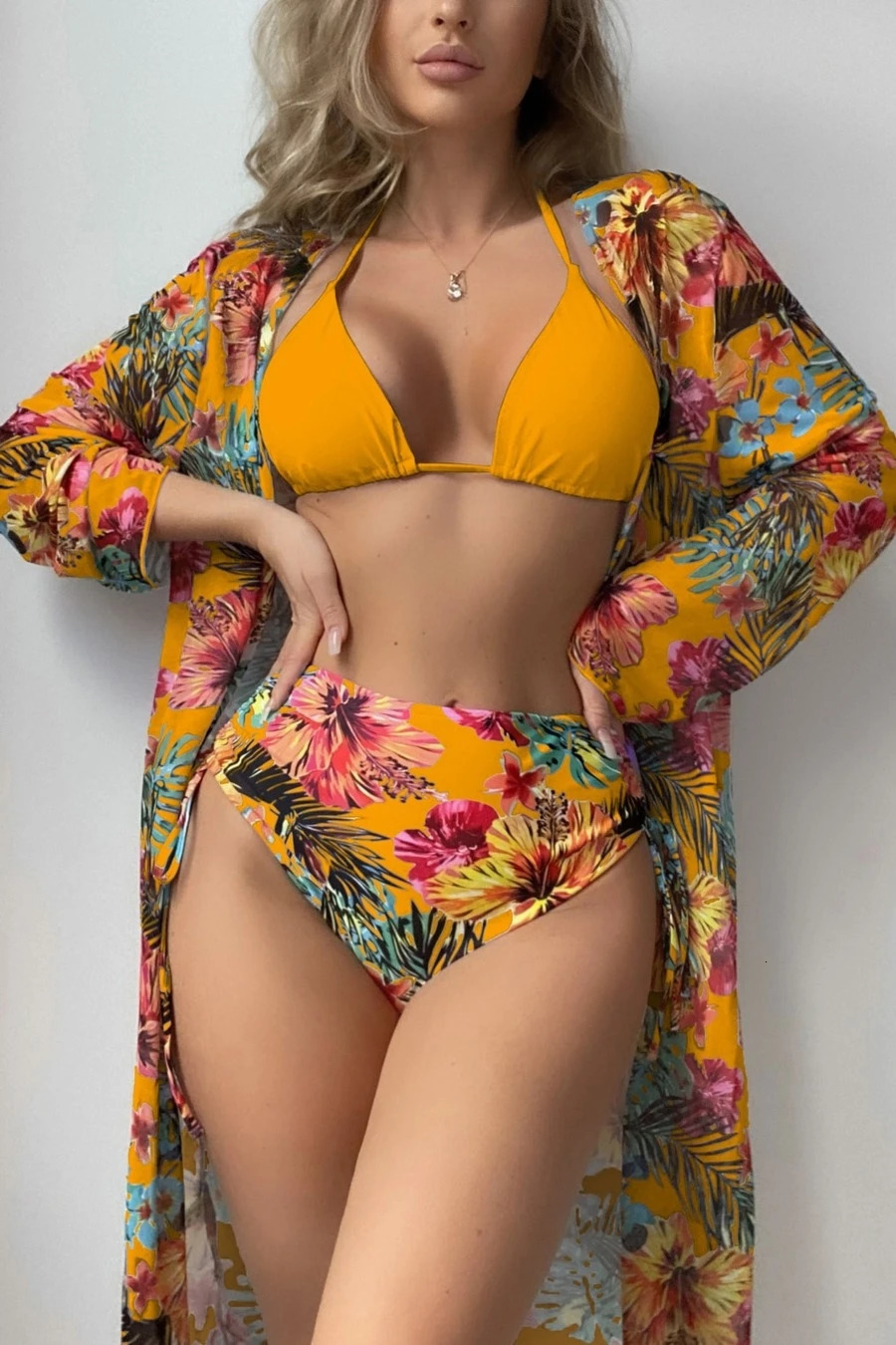 3 Pieces Sexy Triangle Bikini Women Printed Swimwear Female High Waist Swimsuit With Kimono Bathing Swimming Suit Beachwear 250106