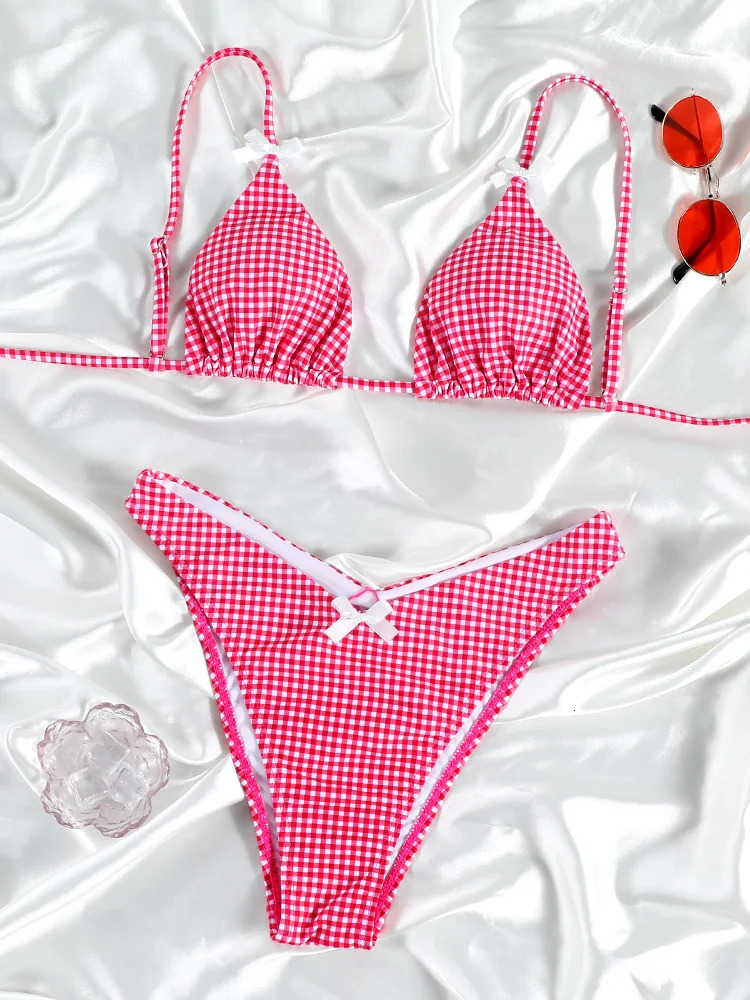 Push Up Bikini Set Bow Swimwear Women Plaid Bikinis String Beachwear Two Piece Suit Biquini Bandage Bathing Suit 250106