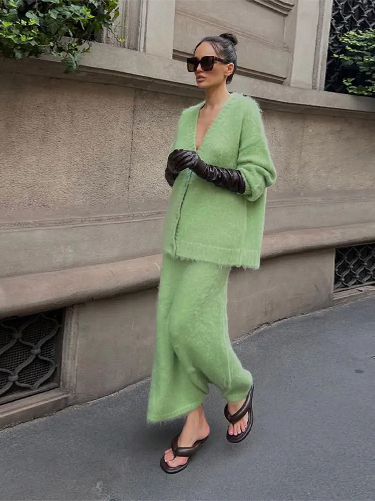 Mohair V-neck Cashmere Cardigan 2 Piece Sets Womens Solid High Waist Loose Skirt Suits 2024 Lady Commute Street Knitwear 241225